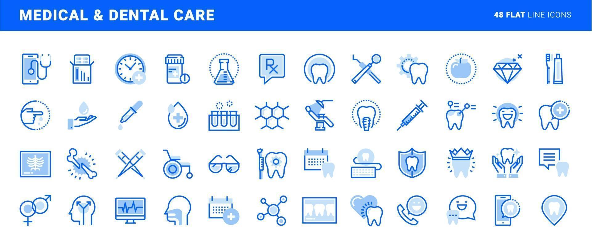 Satz flacher Linie Symbole der medizinischen und zahnmedizinischen Versorgung. Vektorkonzepte für das Design und die Entwicklung von Websites und Apps. vektor