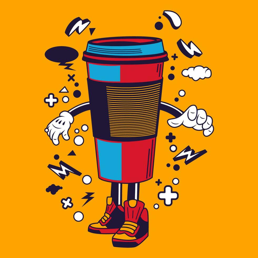 kaffe kopp tecknad serie karaktär klistermärke vektor stock illustration