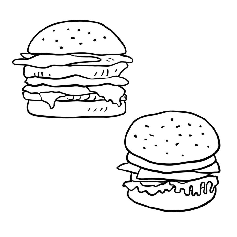 Burger Illustration im Gekritzel Stil. Gliederung Essen Illustration. Linie Fast Food skizzieren Cheeseburger isoliert auf Weiß vektor