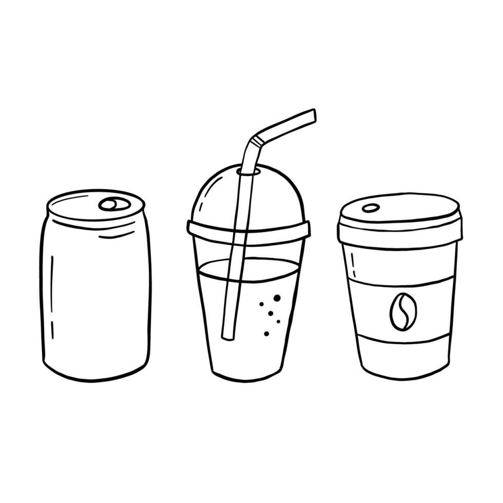 Limonade im Eisen Krug, Cocktail im klar Glas mit Stroh und Kaffee zu nehmen weg. Gekritzel Vektor Symbol isoliert auf Weiß Hintergrund.