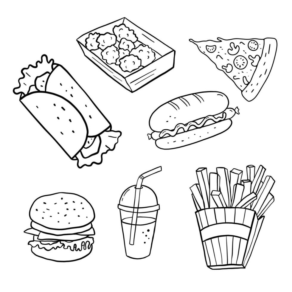 taco, hamburgare, varm hund, pizza och franska frites i klotter stil. översikt mat illustrationer uppsättning. linje snabbmat skiss isolerat på vit vektor