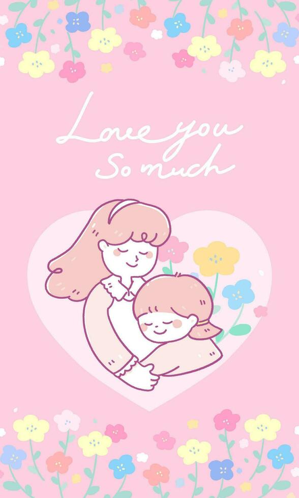 mors dag tack kärlek flicka kramar kvinna.vacker blomma blommor rosa affisch social media berättelse bakgrund.vektor söt illustration stil. vektor