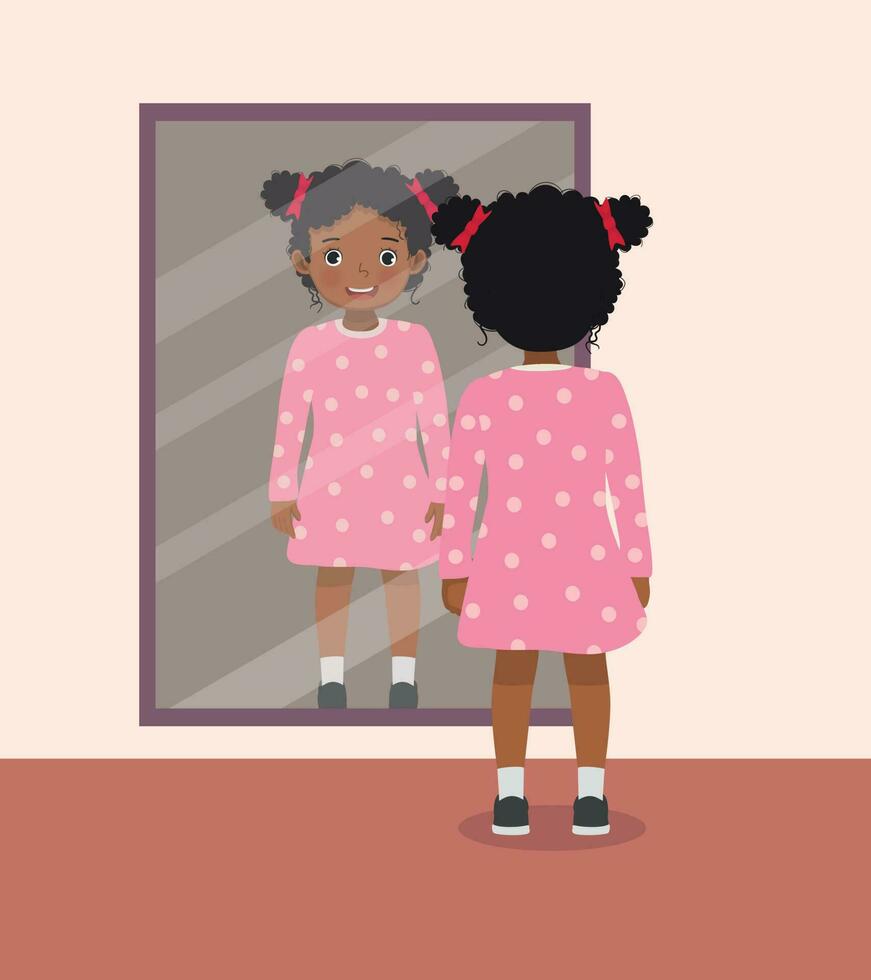 Lycklig liten afrikansk flicka stående i främre av spegel ser henne reflexion med ny rosa klänning vektor