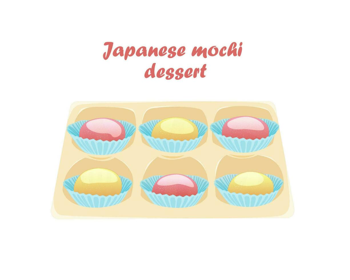 japanisch Dessert mochi. Mochi im ein Geschenk Kasten. Vektor Illustration von japanisch Küche.