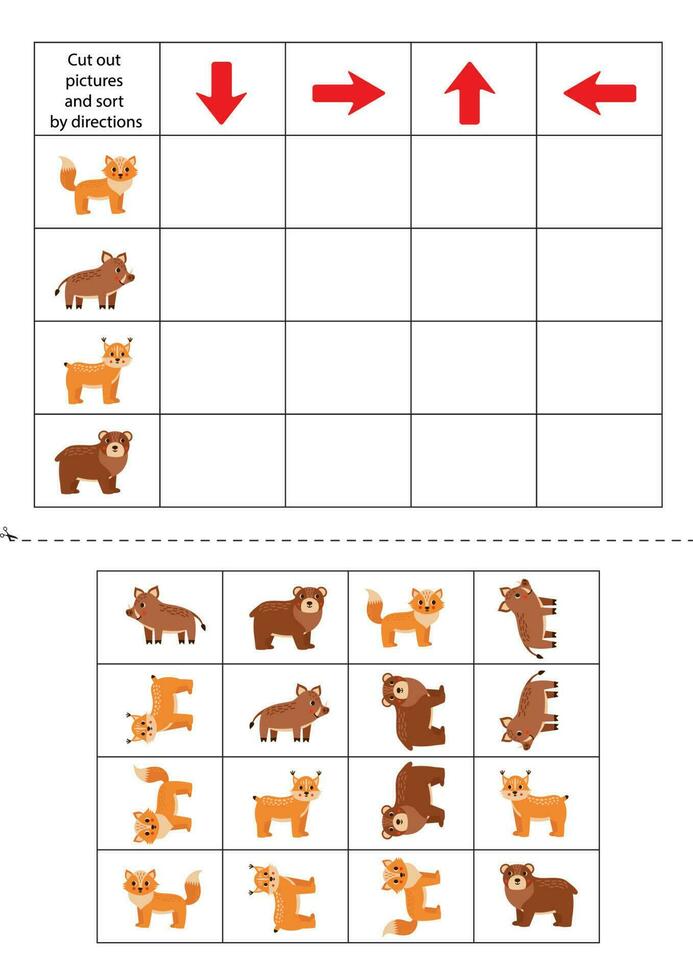Schnitt und kleben Wald Tiere Karten. links, Rechts, hoch, runter. vektor