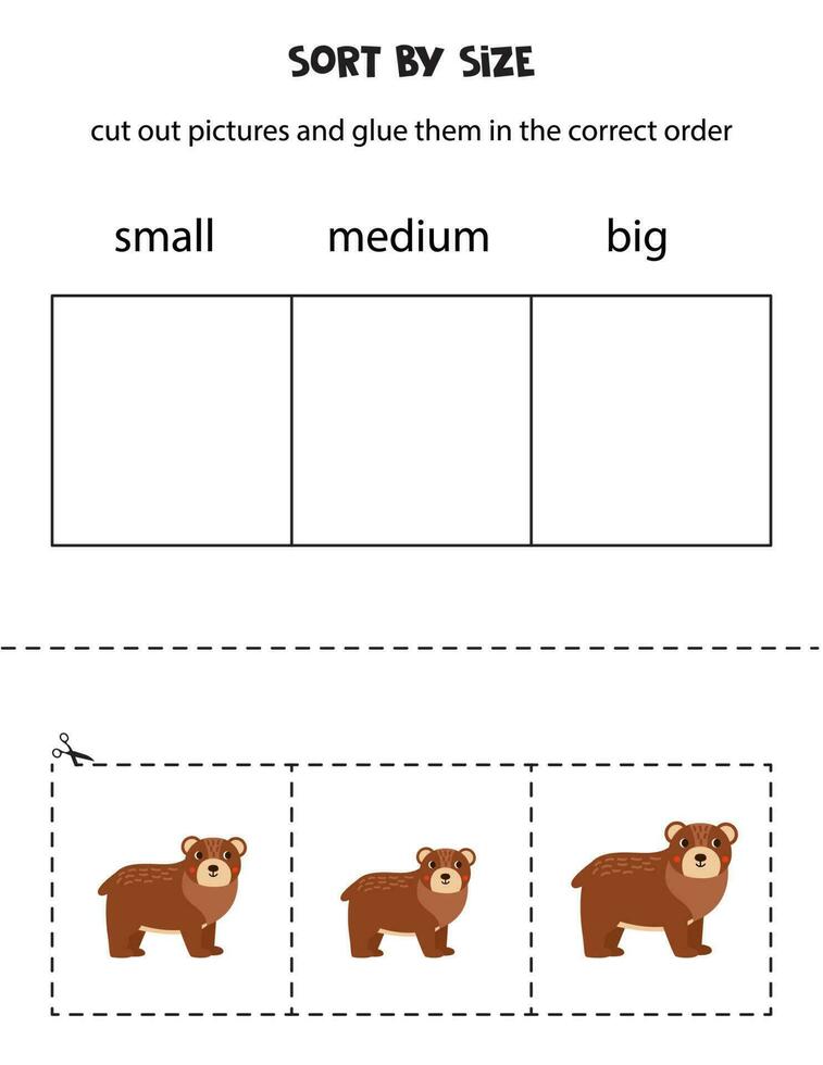 sortera söt björnar förbi storlek. pedagogisk kalkylblad för ungar. vektor