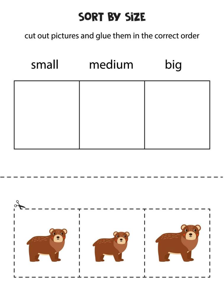 Sortieren süß Bären durch Größe. lehrreich Arbeitsblatt zum Kinder. vektor
