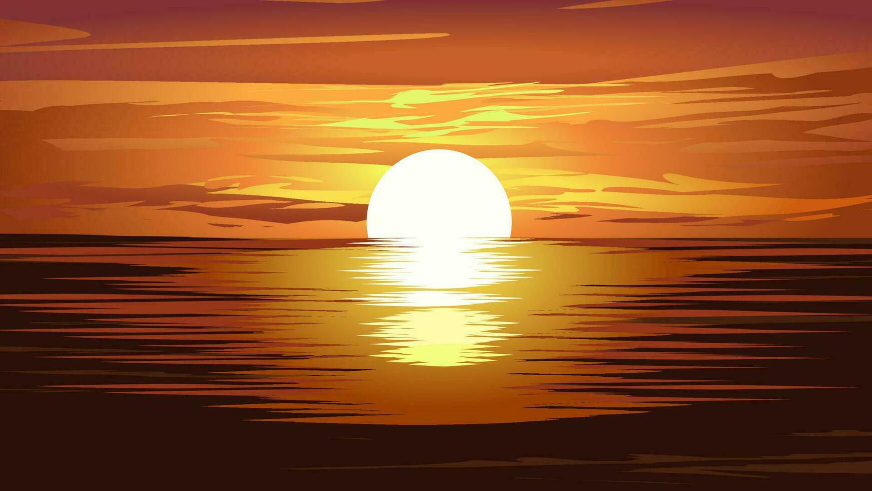Vektor Illustration von Sonnenuntergang Über Ozean mit beschwingt Orange Himmel