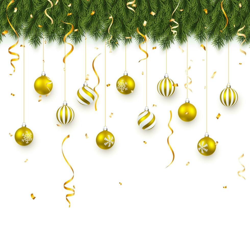 festlich Weihnachten oder Neu Jahr Hintergrund. Weihnachten Tannenbaum Geäst mit Konfetti und Weihnachten Gold Bälle. Feiertage Hintergrund. Vektor Illustration