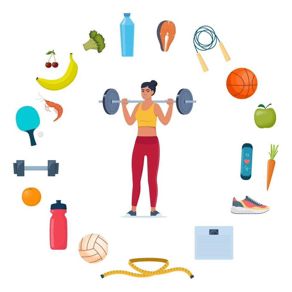 kvinna håller på med skivstång träning. ikoner av friska mat, grönsaker och sporter Utrustning för annorlunda sporter runt om henne. friska livsstil begrepp. vektor illustration.