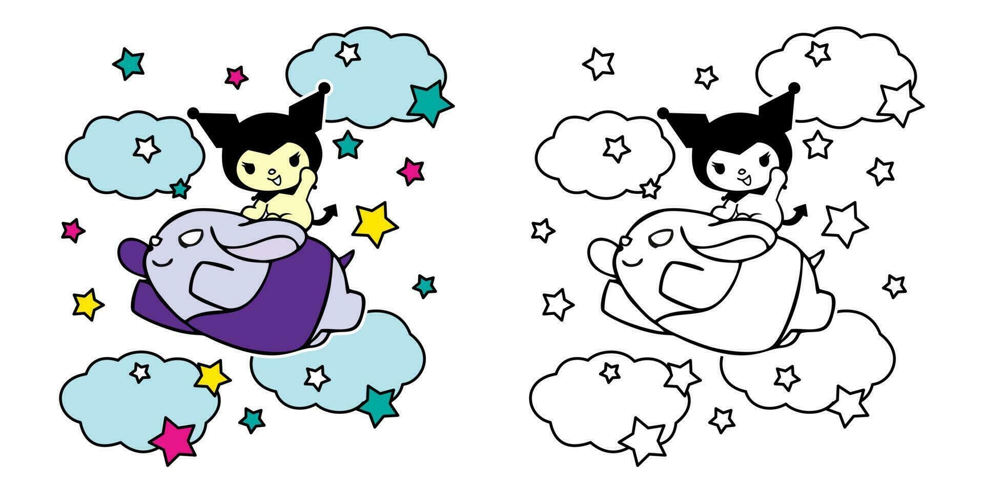 Vektor Illustration von süß Karikatur Katze mit Wolke und Sterne zum Färbung Buch Kinder, Zeichnung Seiten Abdeckung, Bildschirm Drucken Hemden, druckbar Kleidung Materialien, Präsentationen und Decks Materialien