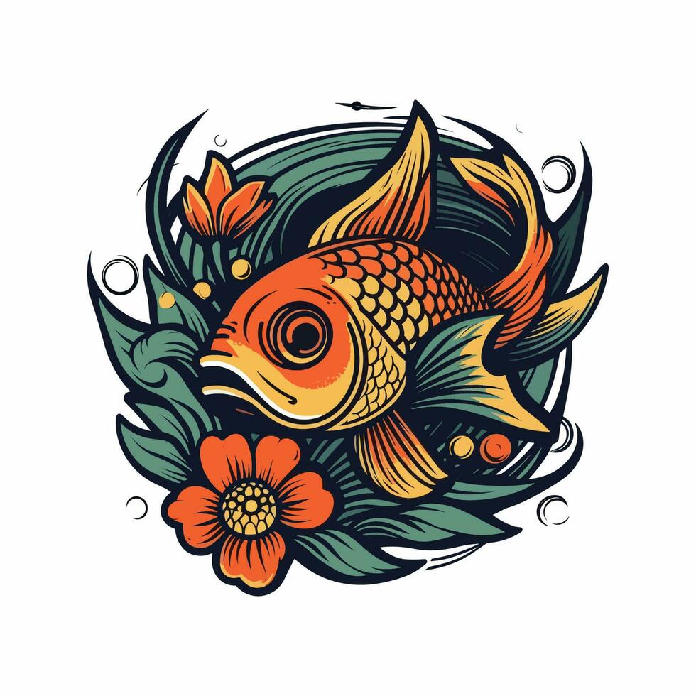 en skön fisk omgiven förbi blommor i en logotyp illustration, perfekt för en naturinspirerad varumärke vektor