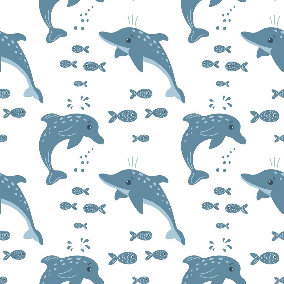 nahtlos Muster mit Delfine und Fisch auf ein Weiß Hintergrund. Hintergrund mit Karikatur Meer Tiere. Baby drucken, Vektor