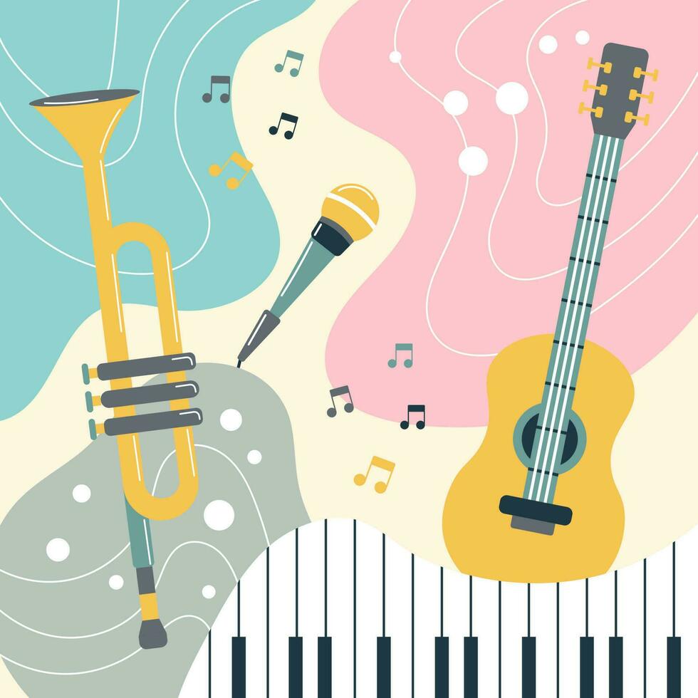 Musical Instrumente auf ein farbig Hintergrund im Boho Stil. Pastell- Farben. Hintergrund, Poster, drucken, Vektor