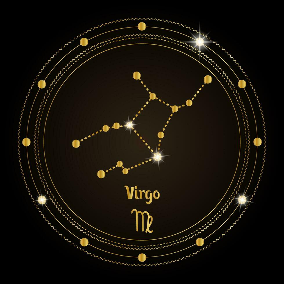 Jungfrun, de konstellation av de zodiaken tecken i de kosmisk magi cirkel. gyllene design på en mörk bakgrund. vektor