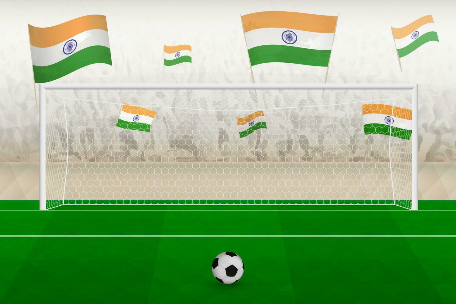 Indien fotboll team fläktar med flaggor av Indien glädjande på stadion, straff sparka begrepp i en fotboll match. vektor