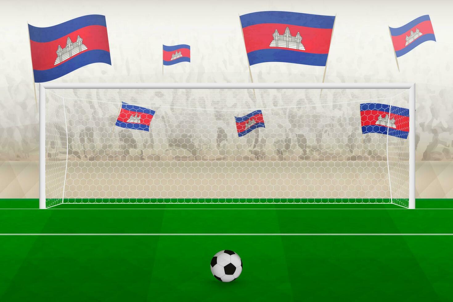 Kambodscha Fußball Mannschaft Fans mit Flaggen von Kambodscha Jubel auf Stadion, Strafe trete Konzept im ein Fußball passen. vektor