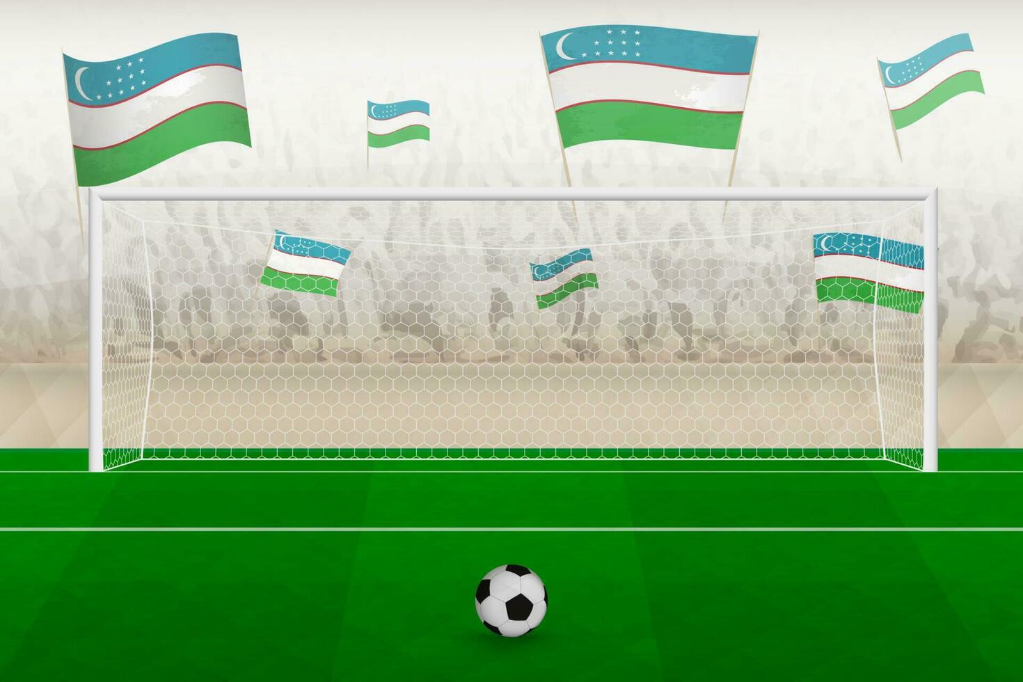 uzbekistan fotboll team fläktar med flaggor av uzbekistan glädjande på stadion, straff sparka begrepp i en fotboll match. vektor