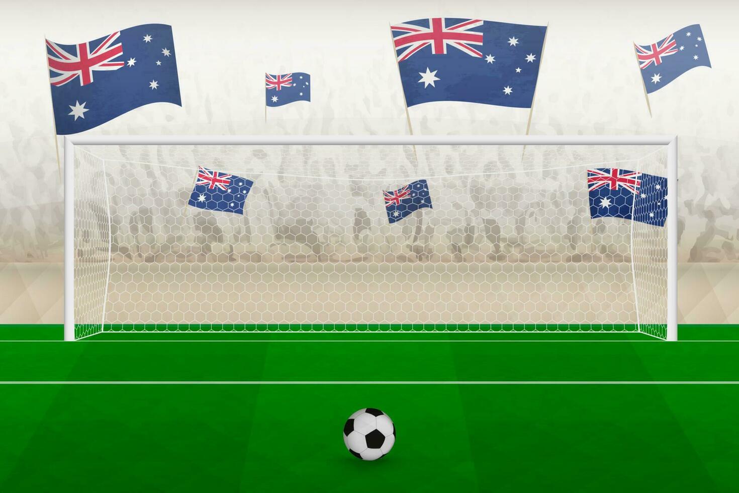 Australien Fußball Mannschaft Fans mit Flaggen von Australien Jubel auf Stadion, Strafe trete Konzept im ein Fußball passen. vektor