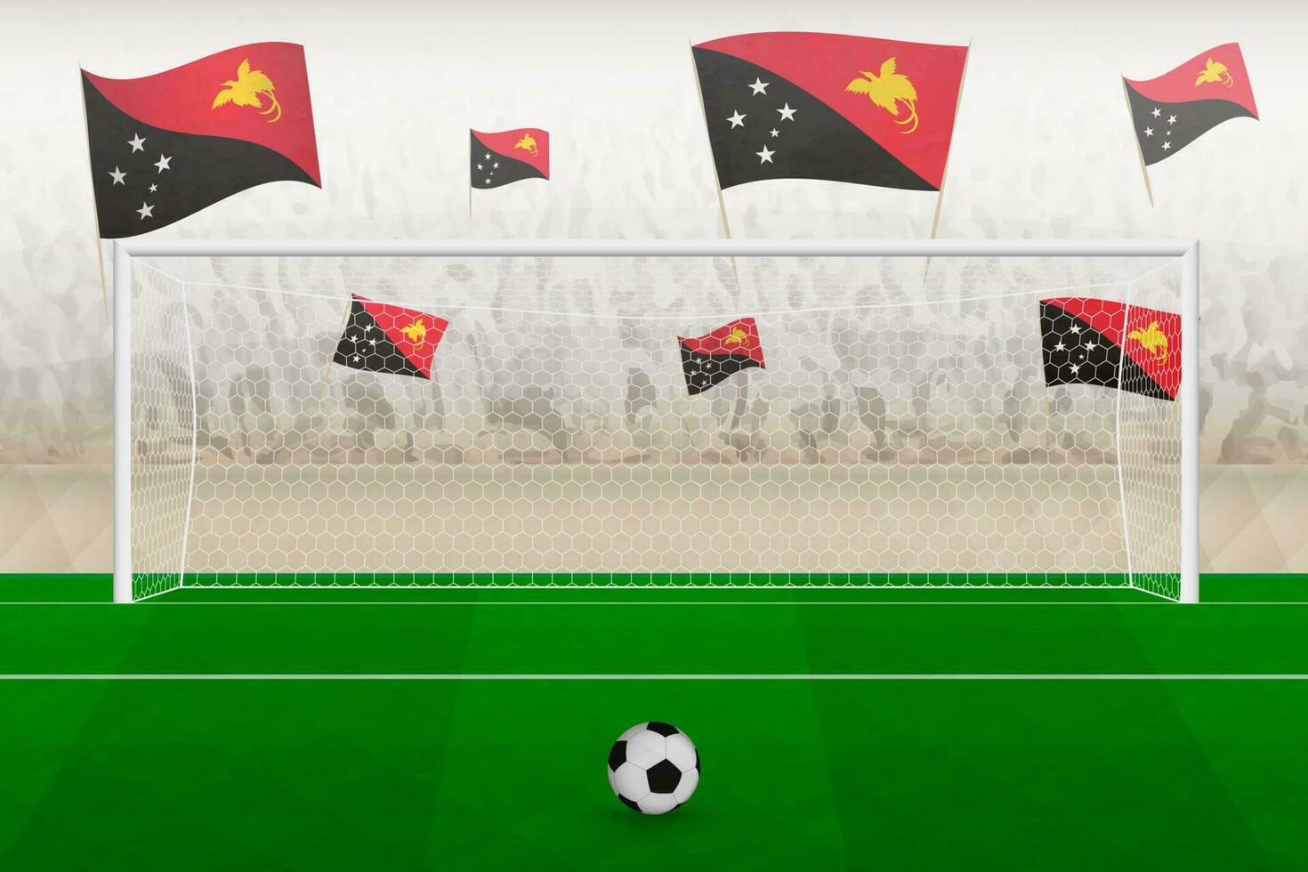 papua ny guinea fotboll team fläktar med flaggor av papua ny guinea glädjande på stadion, straff sparka begrepp i en fotboll match. vektor