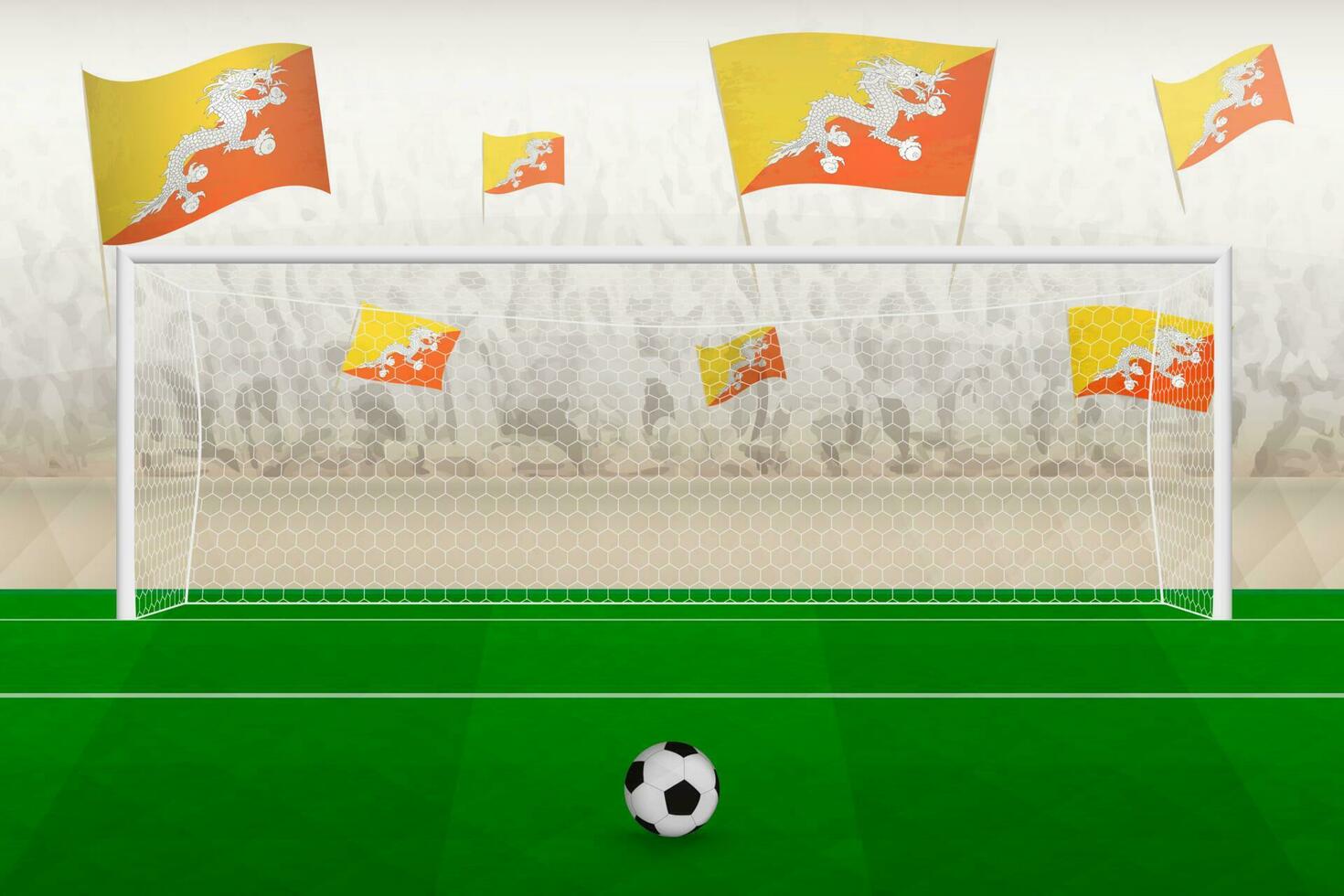 bhutan fotboll team fläktar med flaggor av bhutan glädjande på stadion, straff sparka begrepp i en fotboll match. vektor