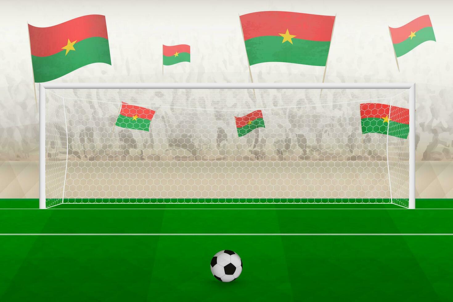 Burkina faso fotboll team fläktar med flaggor av Burkina faso glädjande på stadion, straff sparka begrepp i en fotboll match. vektor