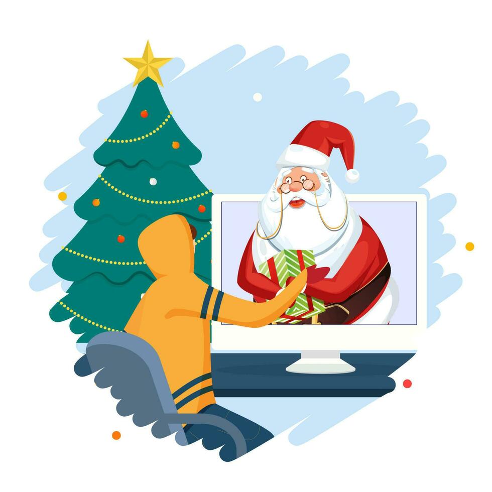 Santa claus geben ein Geschenk Box zu jung Junge von Desktop mit Weihnachten Baum auf abstrakt Hintergrund. können Sein benutzt wie Poster Design. vektor