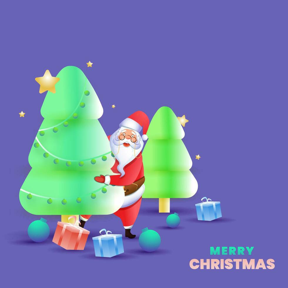 3d grön snöig xmas träd med tecknad serie santa claus, grannlåt och gåva lådor på violett bakgrund för glad jul firande. vektor