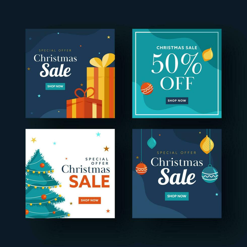 einstellen von Weihnachten Verkauf Poster Design mit Besondere bietet an, Geschenk Kisten, Weihnachten Baum und hängend Kugeln dekoriert Hintergrund. vektor