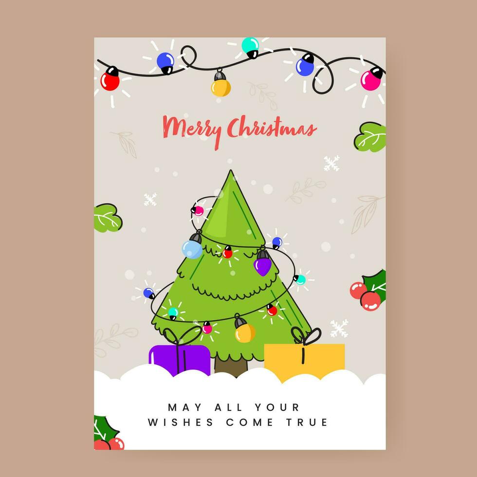 fröhlich Weihnachten Vorlage oder Flyer Design mit dekorativ Weihnachten Baum, Geschenk Kisten und Beleuchtung Girlande auf Hintergrund. vektor