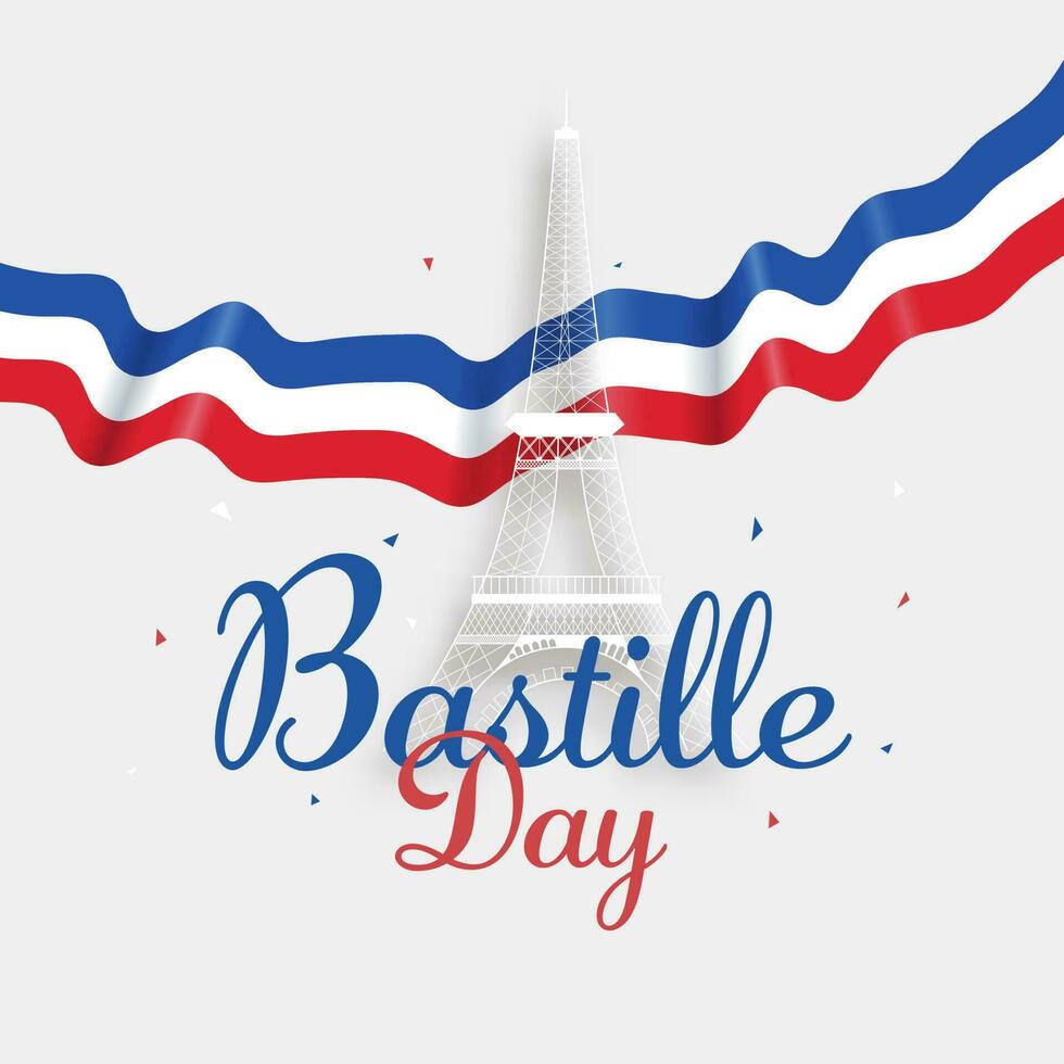 Bastille Tag Kalligraphie mit Weiß Linie Kunst Eiffel Turm und Frankreich wellig Flagge Band auf Hintergrund. vektor