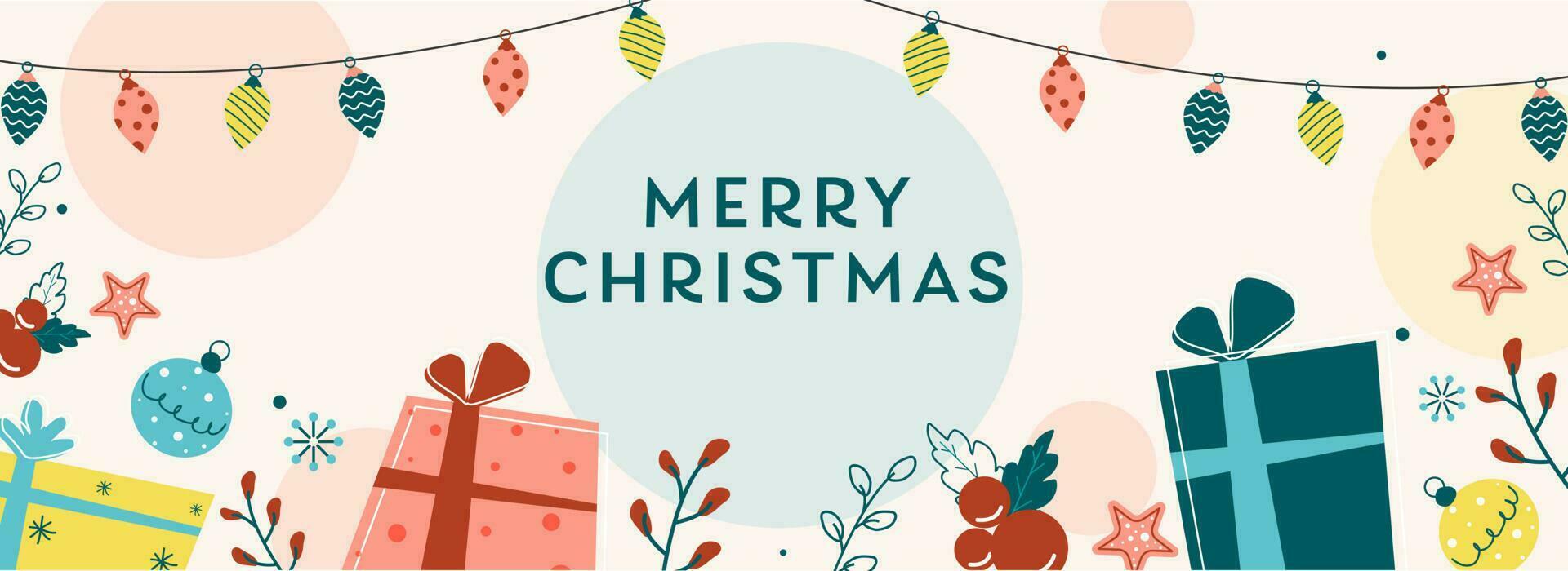 Vektor Illustration von Geschenk Kisten mit Stechpalme Beeren, Sterne, Kugeln und Beleuchtung Girlande dekoriert Hintergrund zum fröhlich Weihnachten.