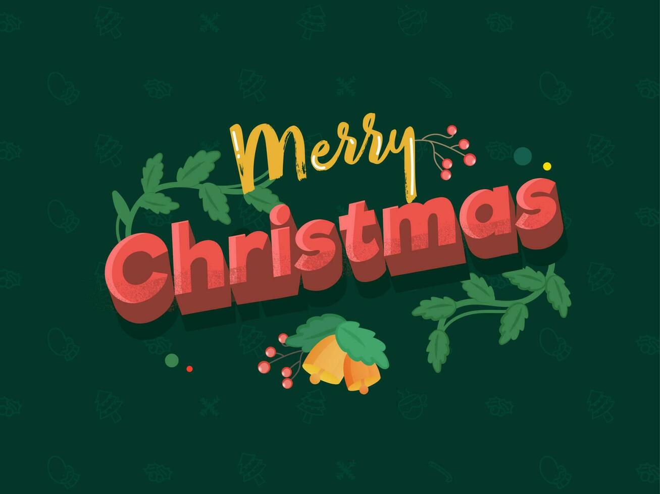 glad jul text med klingande klocka, bär och blad vin på grön bakgrund. vektor