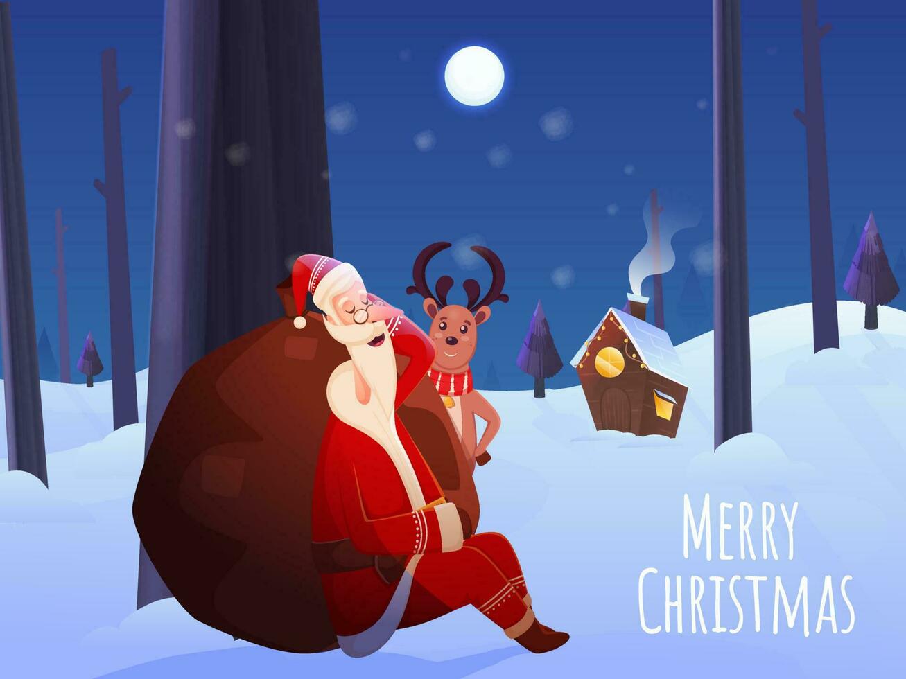 voll Mond Blau schneebedeckt Landschaft Hintergrund mit Kamin Haus, Schlafen Santa Klaus, schwer Sack und Karikatur Rentier zum fröhlich Weihnachten Feier. vektor