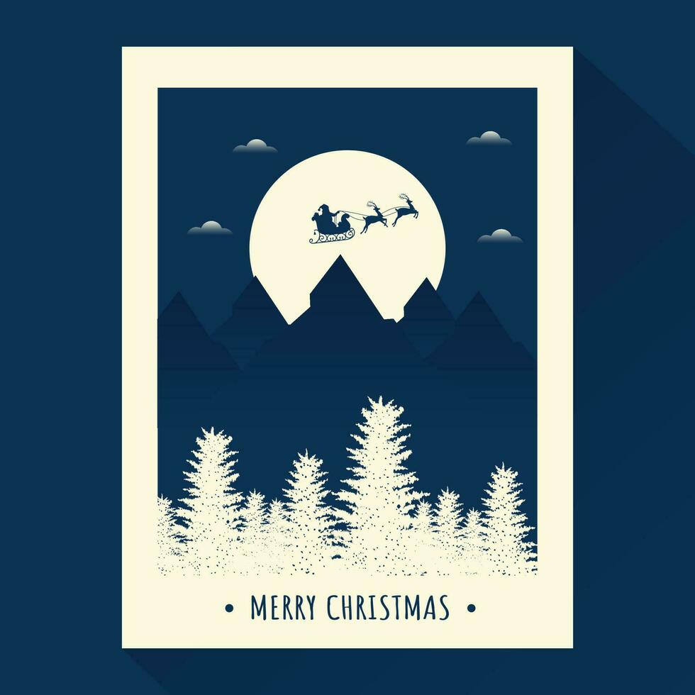 glad jul firande mall eller affisch design med silhuett santa ridning ren släde på full måne landskap bakgrund. vektor