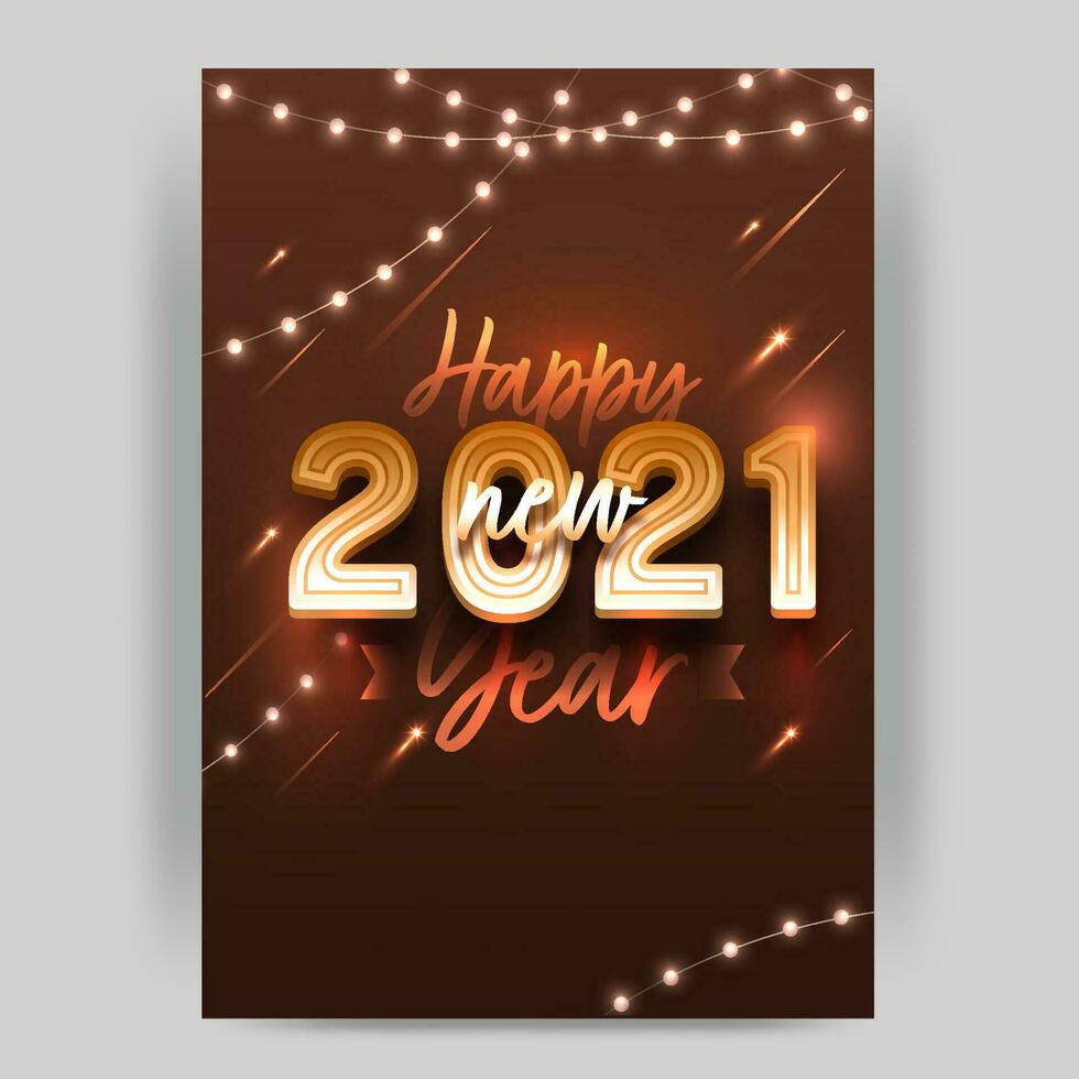 2021 Lycklig ny år text på brun bakgrund dekorerad med upplyst belysning krans. vektor