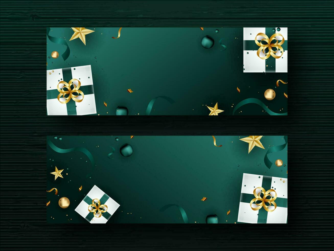oben Aussicht von realistisch Geschenk Kisten mit golden Sterne, Bälle oder Perlen und Konfetti Band dekoriert blaugrün Grün Hintergrund im zwei Optionen. vektor