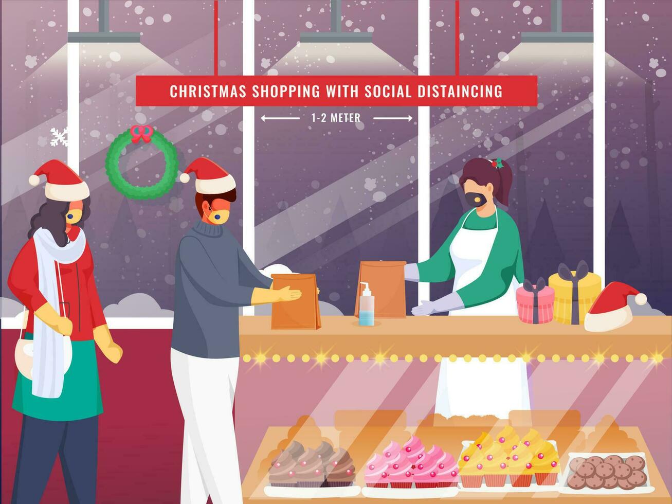 Verbraucher nehmen Pflege von Sicherheit Maße mit Weihnachten Einkaufen weil von covid-19 Pandemie. vektor