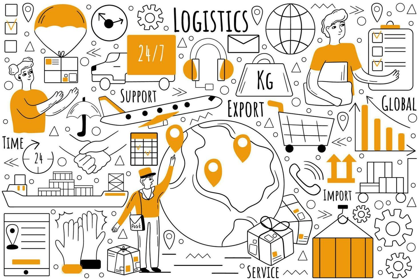 Logistik Gekritzel Satz. Sammlung von Hand gezeichnet Skizzen Vorlagen Muster von Transport und Verteilung von Waren. Inventar Verwaltung und Export Ladung Lieferung Bedienung Illustration vektor