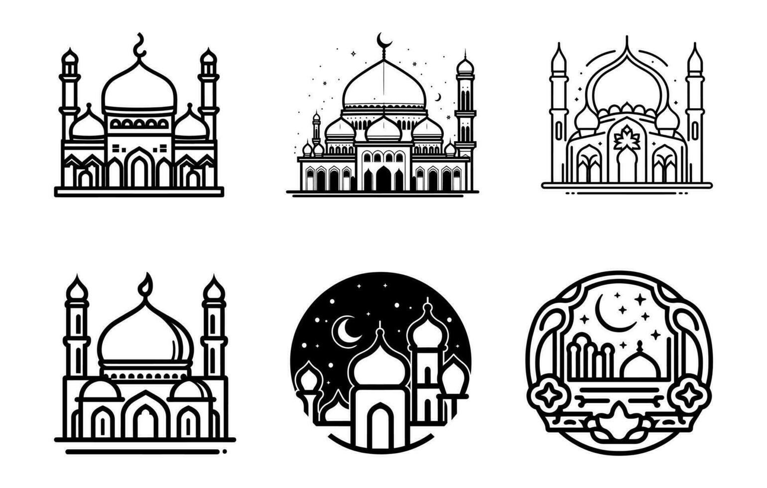 moské vektor uppsättning översikt teckning, islamic ikon samling, moské översikt illustration bunt