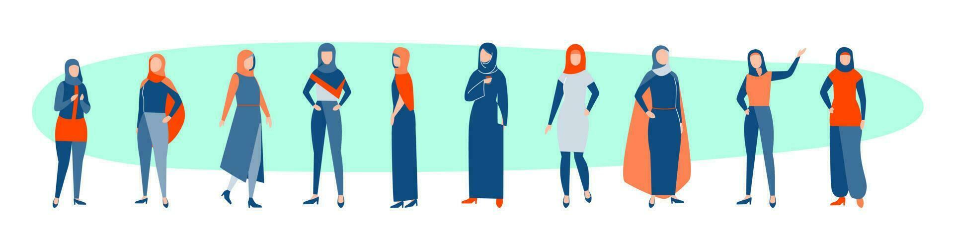 einstellen von Arabisch Frauen Konzept. Sammlung von Arabisch Frauen Muslime im versteckt. Saudi Mädchen Stand im anders traditionell islamisch Kleidung. Frauen von Arabien tragen Kopftuch. eben Vektor Illustration