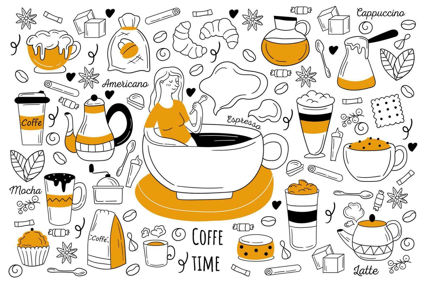 kaffe tid klotter uppsättning. samling av hand dragen skisser mallar av varm stark cappuccino americano espresso latte mocka koppar. energi drycker med koffein illustration. vektor