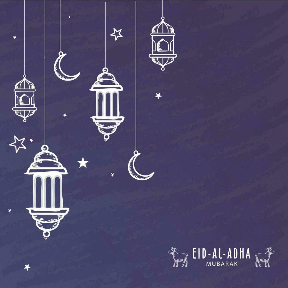 Skizzierung Laternen mit Halbmond Monde hängen und Sterne dekoriert auf lila Grunge Hintergrund zum eid-al-adha Mubarak. vektor