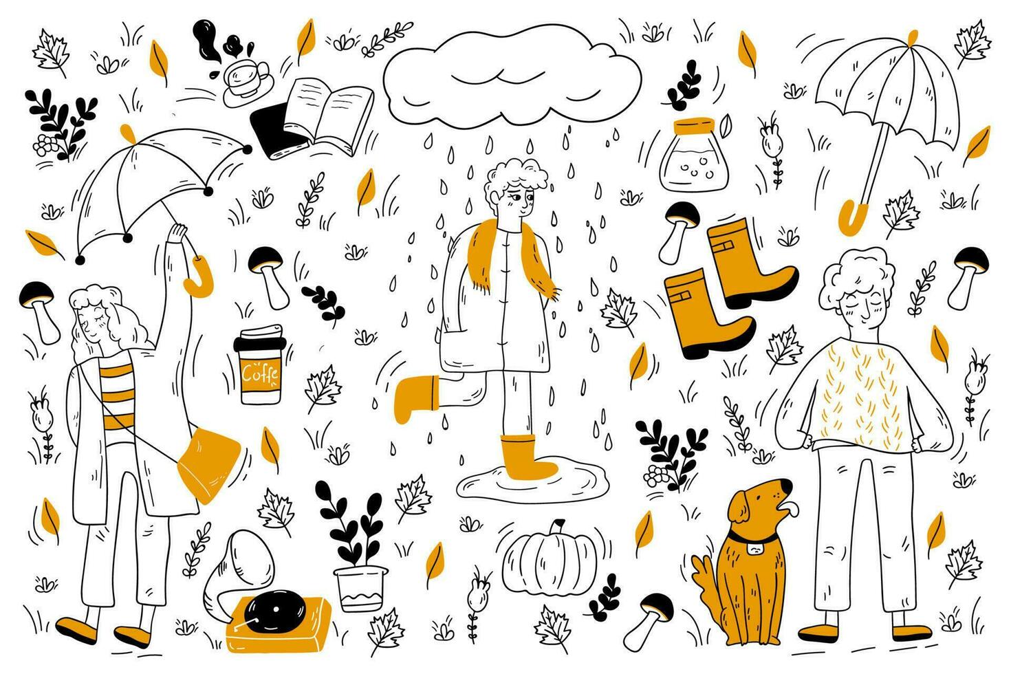 Herbst Gekritzel Satz. Sammlung von Hand gezeichnet Skizzen Vorlagen von Menschen Gehen unter brütend Regen wow Mantel und Regenschirm Trinken Kaffee und Hören depressiv Musik. Wetter Jahreszeit Illustration vektor