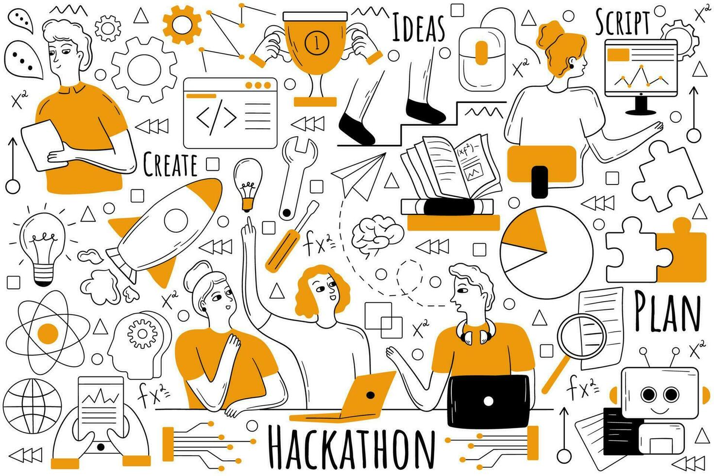 Hackathon Gekritzel Satz. Sammlung von Hand gezeichnet Skizzen Vorlage Muster von Mannschaft von Programmierer Netz Entwickler Designer zusammenarbeiten auf Software Projekt. Programmierung und Codierung Illustration. vektor