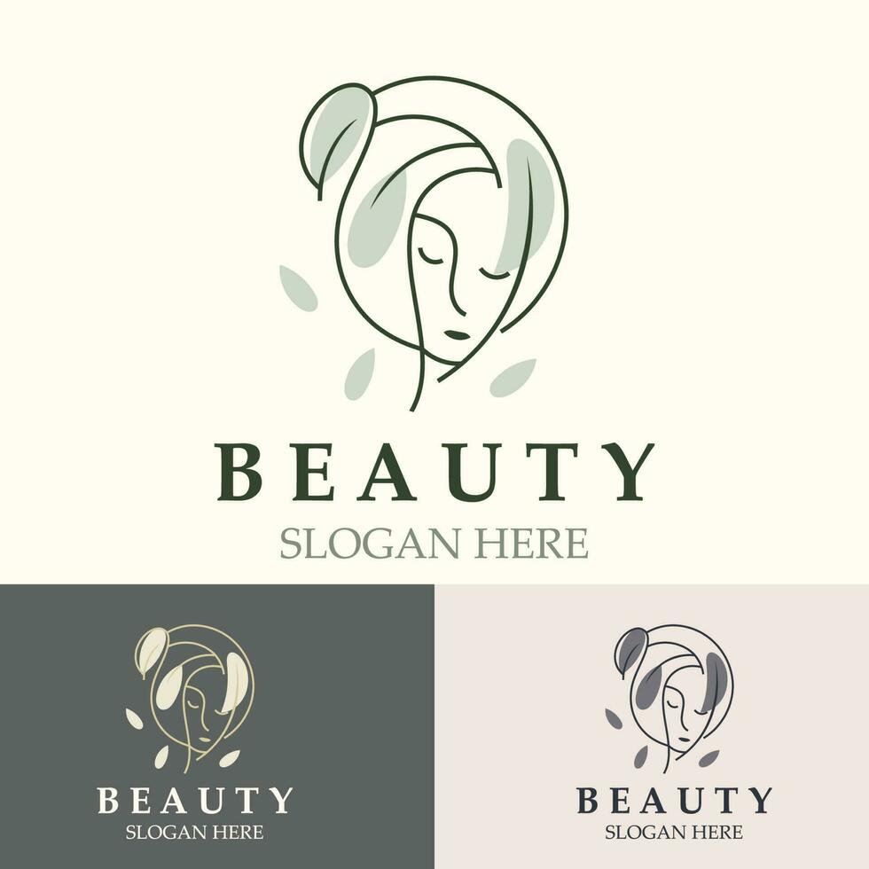 Frau Schönheit Pflege Logo. Natur Gesicht Saloon und Spa Design eben Vektor