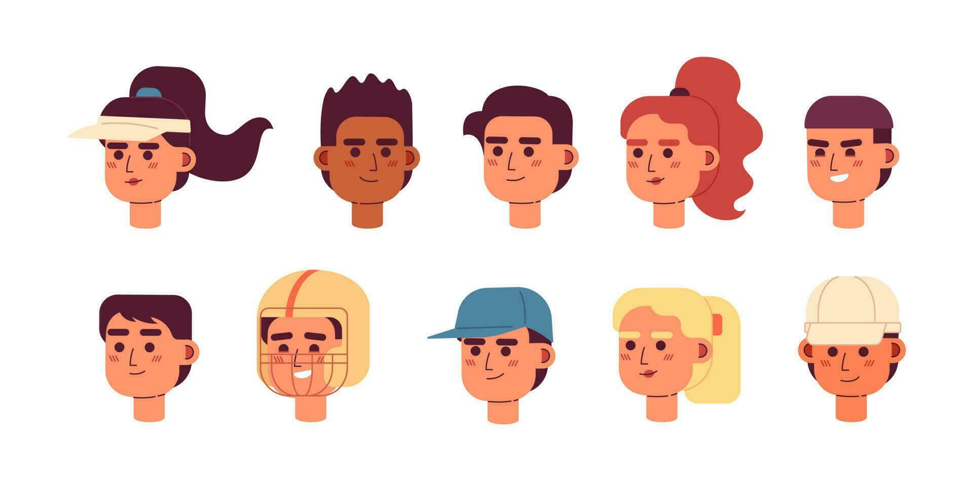 sporter spelare semi platt Färg vektor karaktär huvuden packa. atletisk kvinnor och män. färgrik avatar ikoner. redigerbar tecknad serie stil känslor. enkel fläck illustration bunt för webb grafisk design