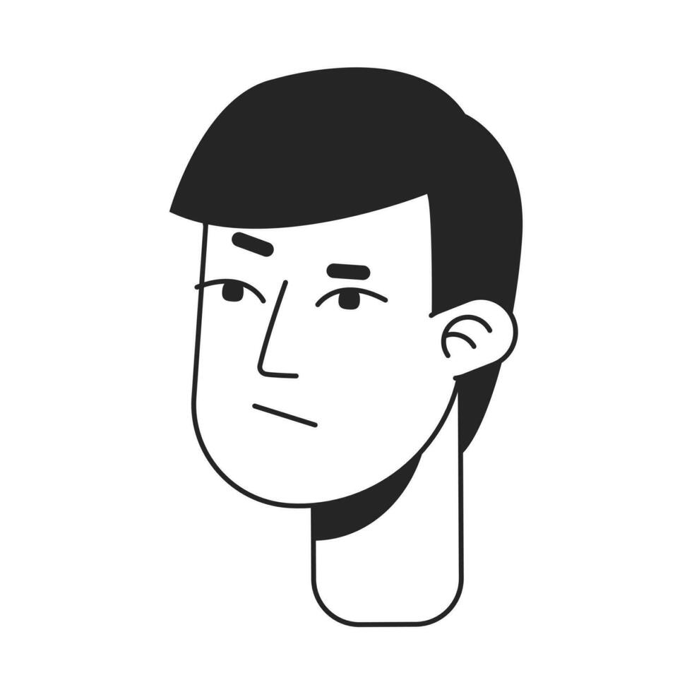 missnöjd ung asiatisk man svartvit platt linjär karaktär huvud. vresig ansiktsbehandling uttryck. redigerbar översikt hand dragen mänsklig ansikte ikon. 2d tecknad serie fläck vektor avatar illustration för animering