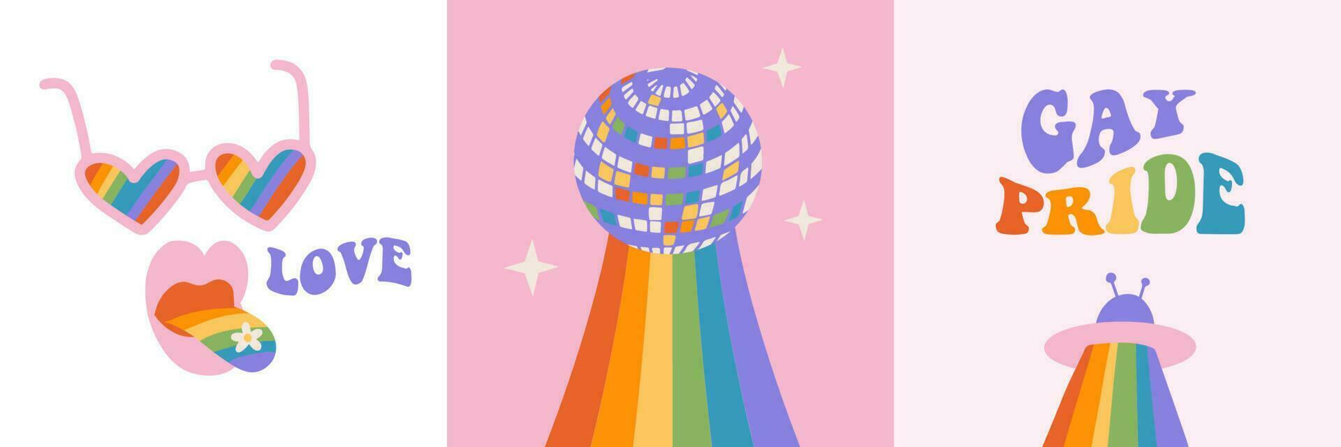 uppsättning av trendig retro minimalistisk queer estetisk fyrkant kort med wintage regnbåge disko element och text. lgbtqia stolthet månad social media mallar med y2k 90s platt vektor design. häftig vibrafon