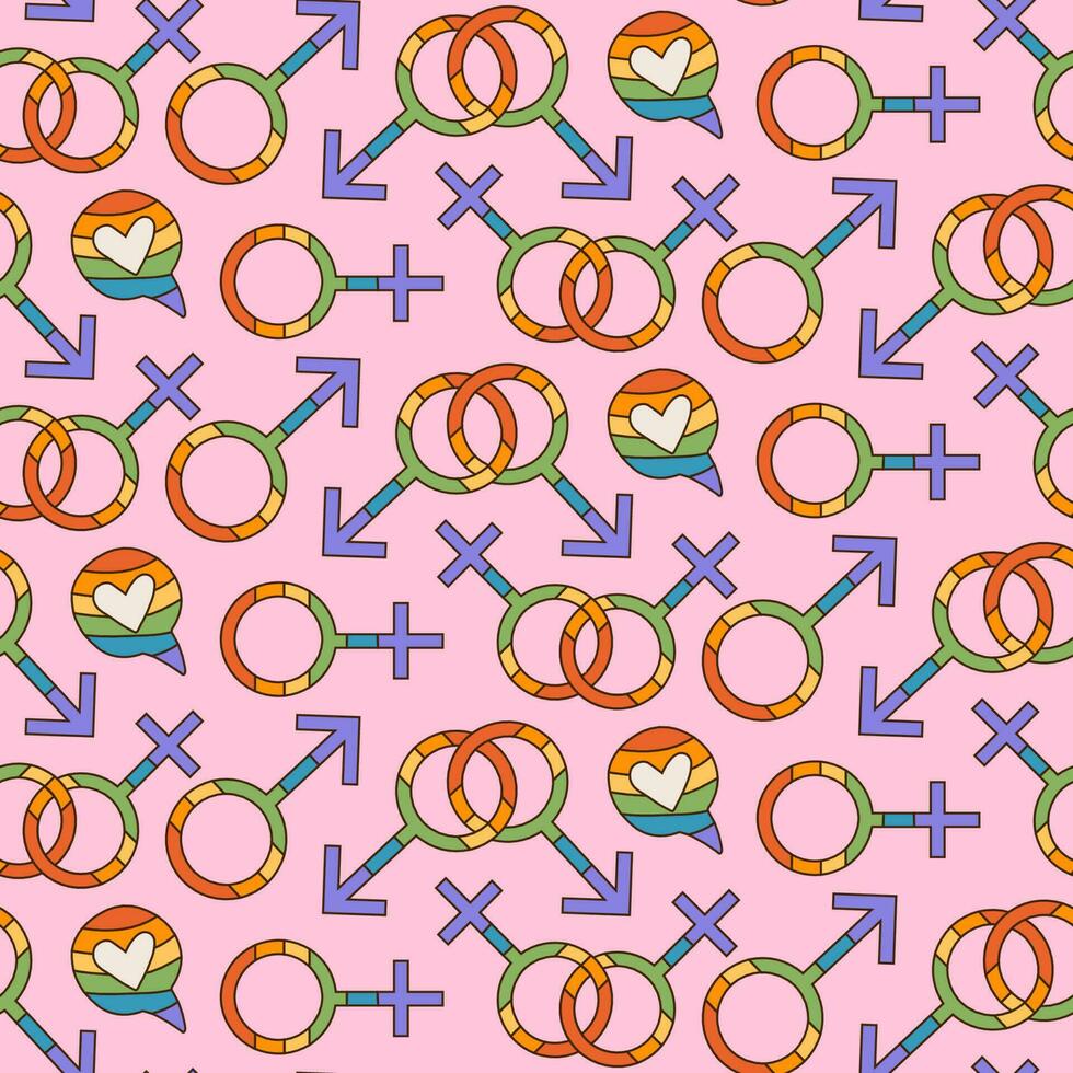 HBTQ sömlös mönster med manlig och kvinna symboler av de lgbtqia gemenskap. stolthet månad bakgrund med regnbåge element. kontur vektor illustration i retro 70s stil.